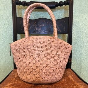 Vintage 60s Raffia Straw Crochet Handbag Made in Japan Pearl Accents Zip Closure